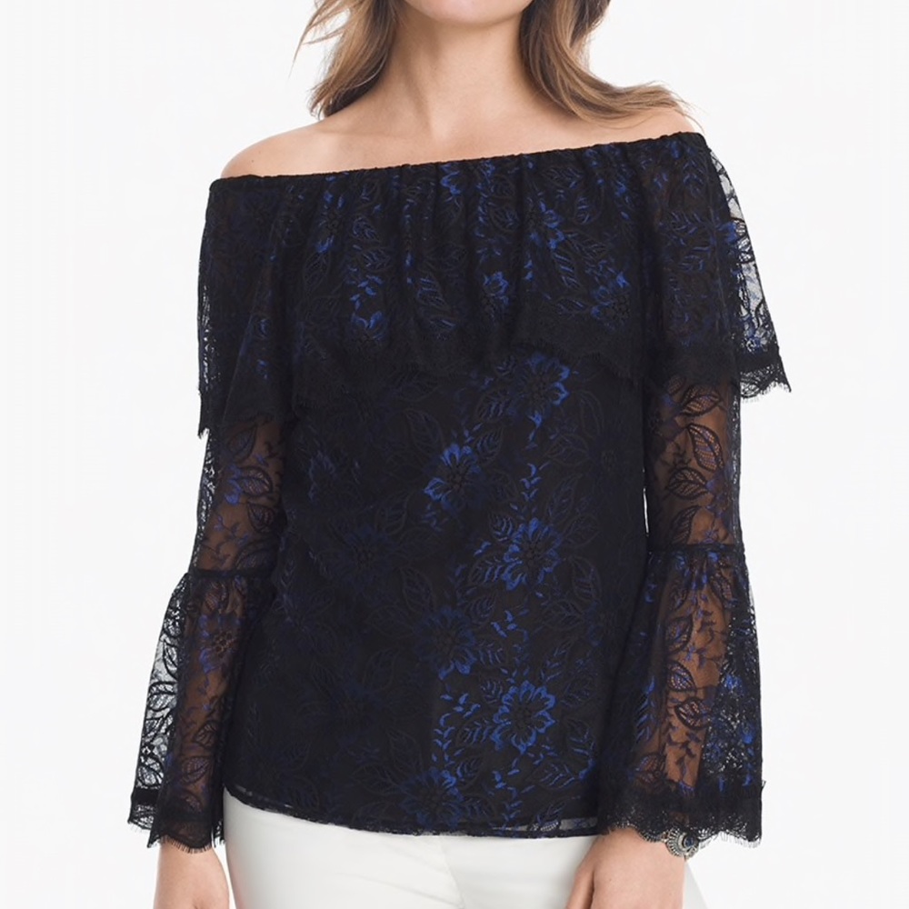 WHBM BLUE OFF SHOULDER LACE TOP